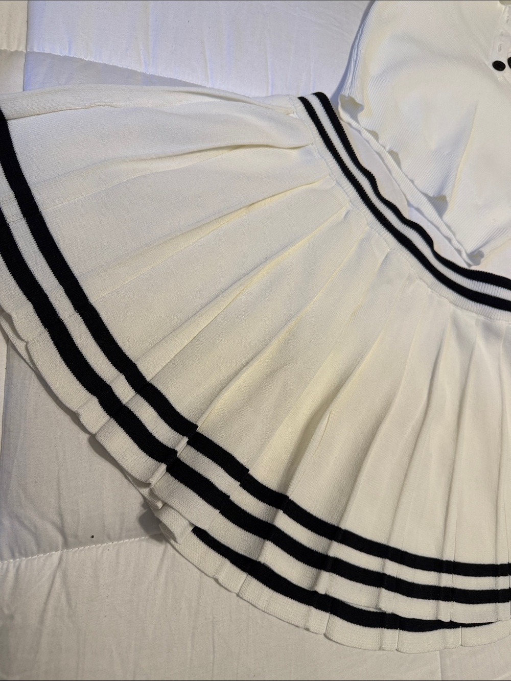 Trendy White Knit Polo Top & Pleated Mini Skirt Set with Black Stripes - Picture 3 of 11